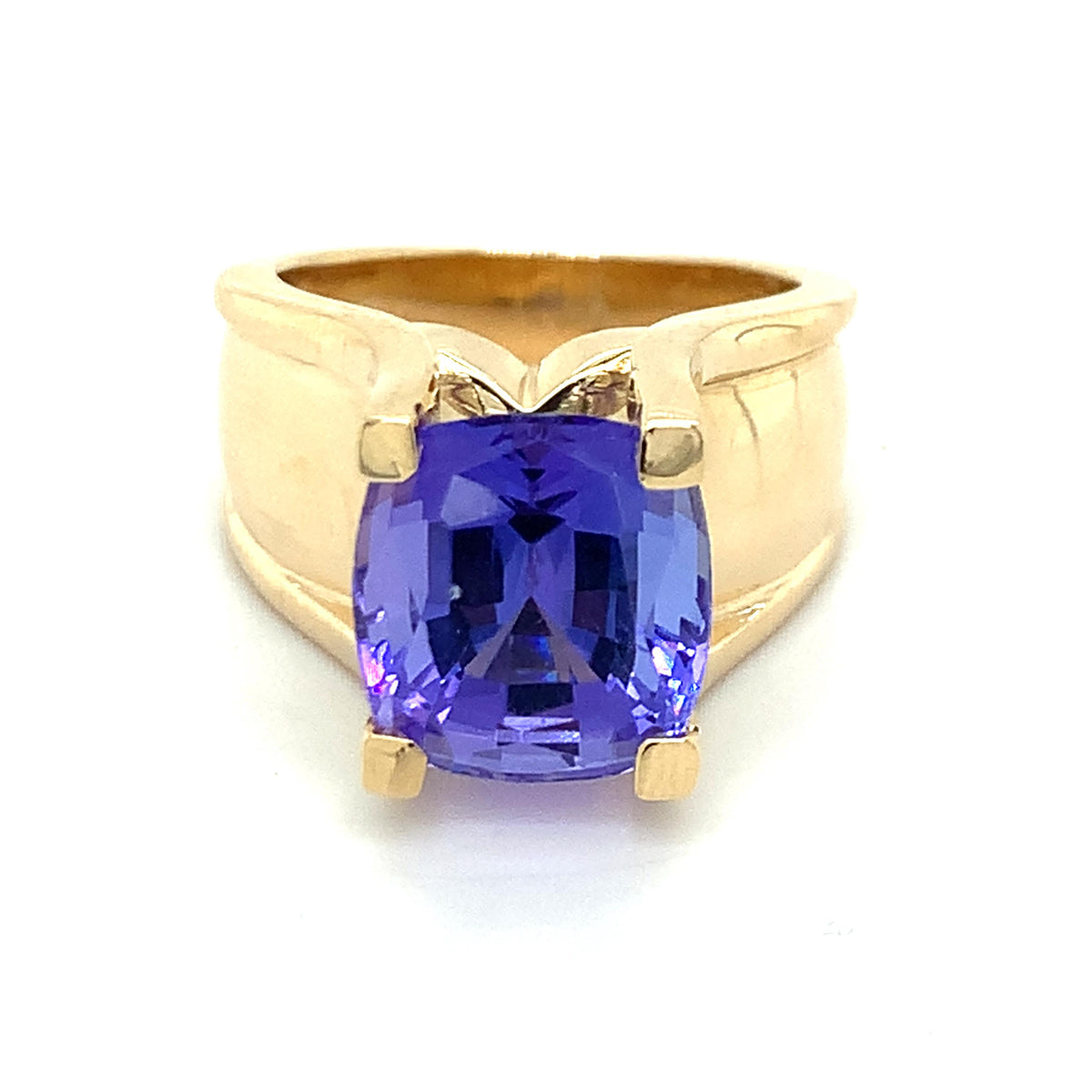 14K Gold Cushion Cut Tanzanite Flat-Tab Prongs Curved Wide Shanks Solitaire Ring