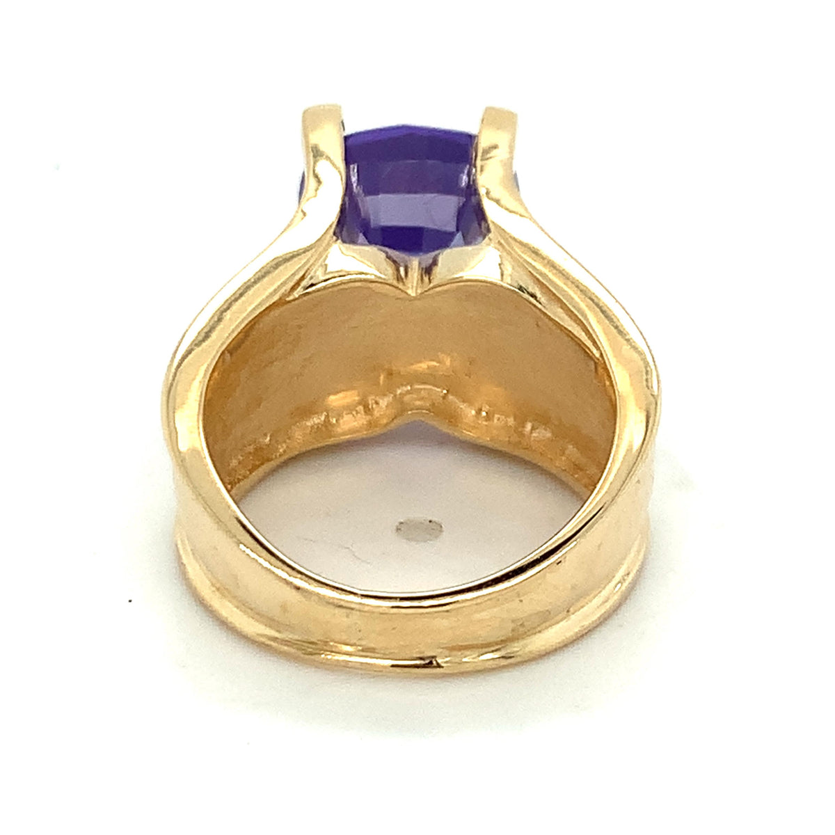 14K Gold Cushion Cut Tanzanite Flat-Tab Prongs Curved Wide Shanks Solitaire Ring