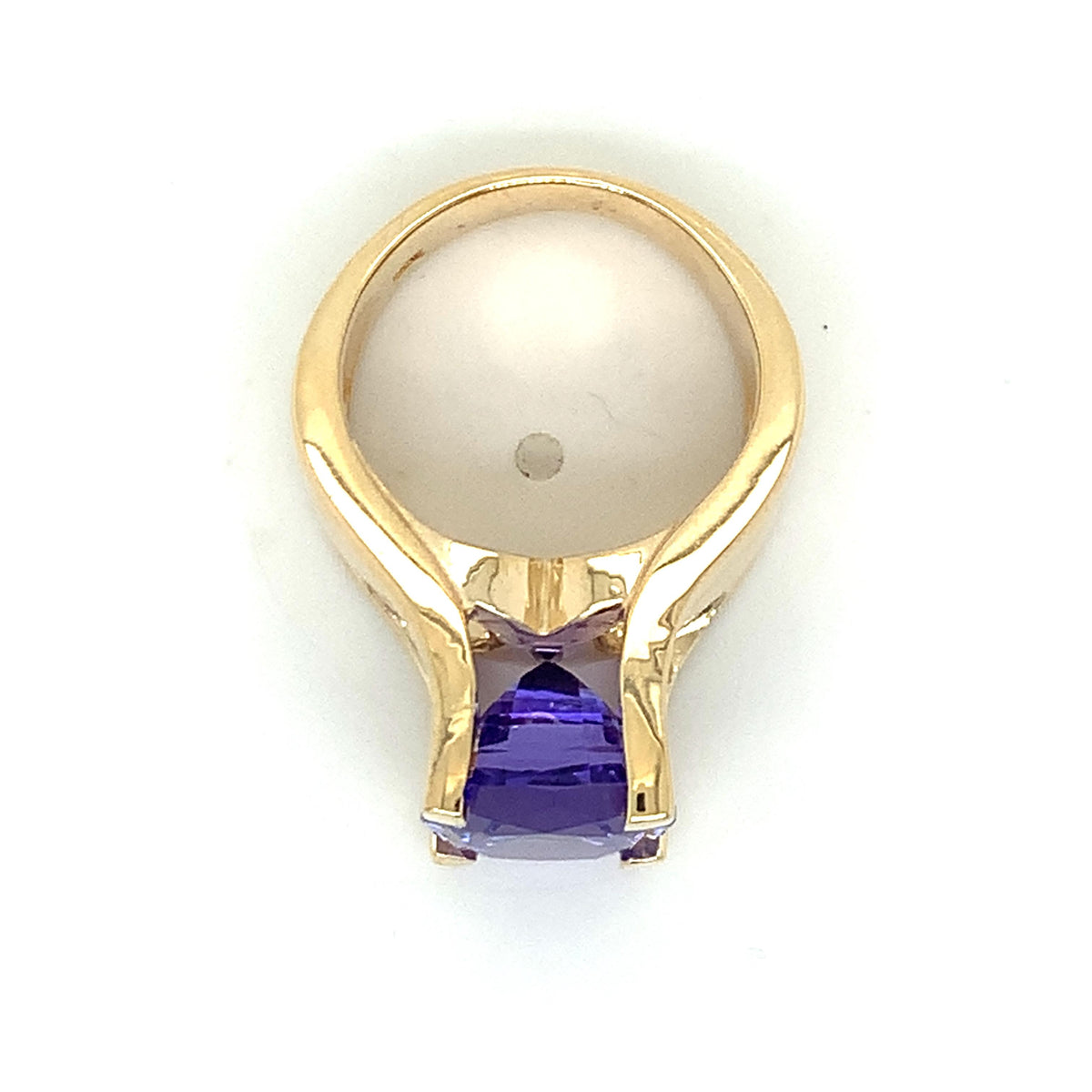 14K Gold Cushion Cut Tanzanite Flat-Tab Prongs Curved Wide Shanks Solitaire Ring