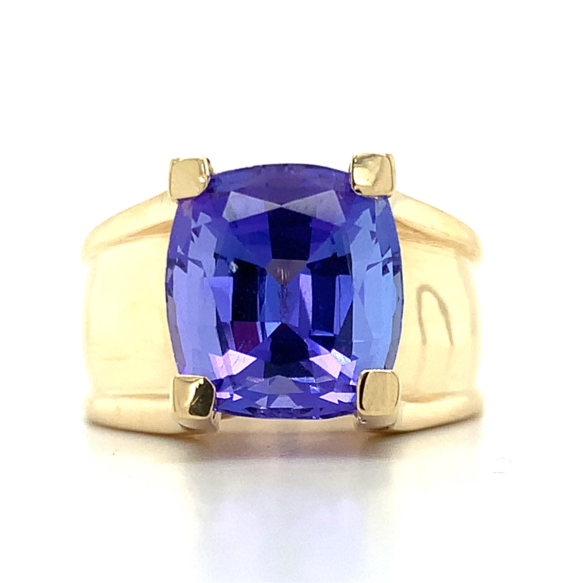 14K Gold Cushion Cut Tanzanite Flat-Tab Prongs Curved Wide Shanks Solitaire Ring