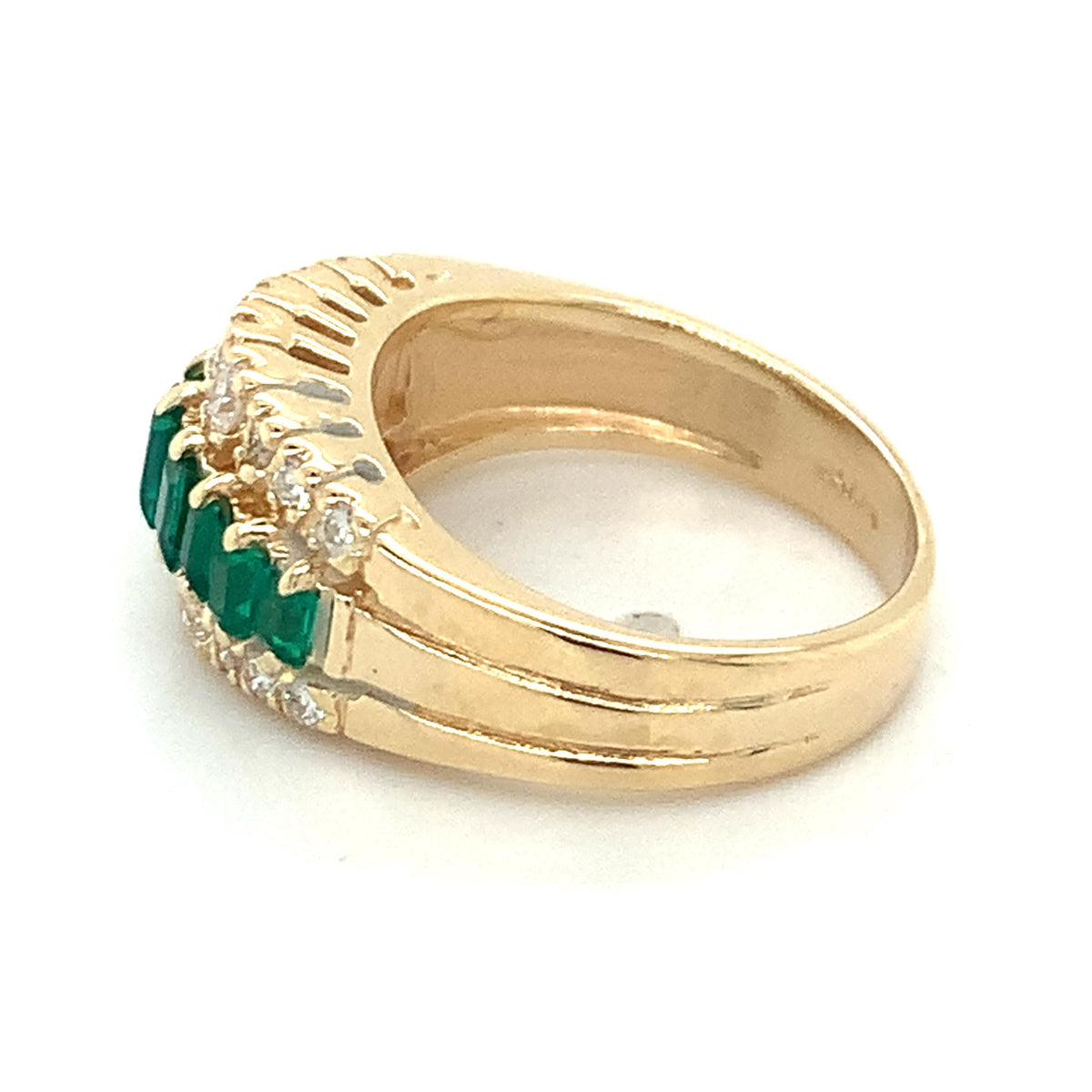 14K Gold 3 Row Prongs Set Graduated Emerald & Diamond Carved Shanks Band Ring
