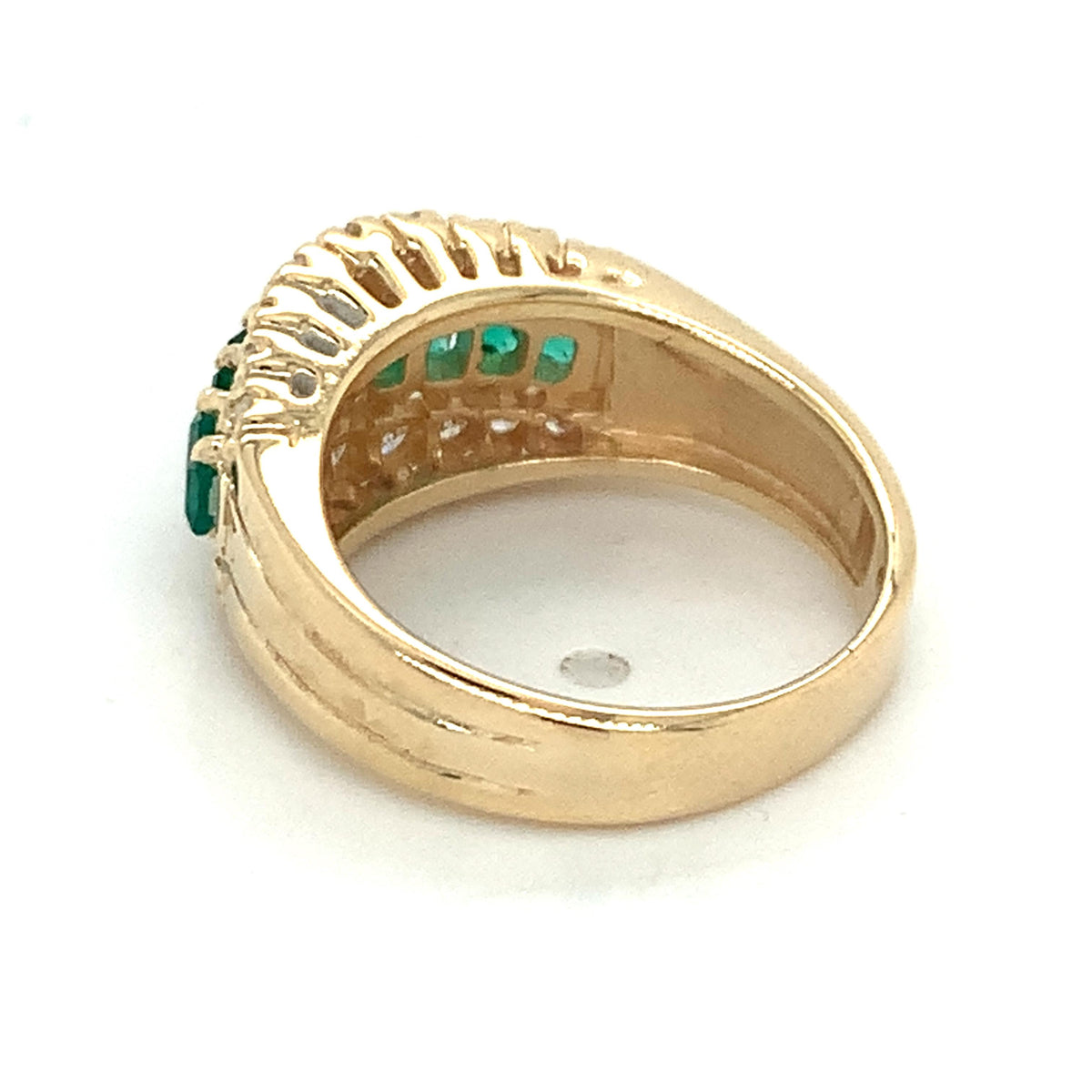 14K Gold 3 Row Prongs Set Graduated Emerald & Diamond Carved Shanks Band Ring