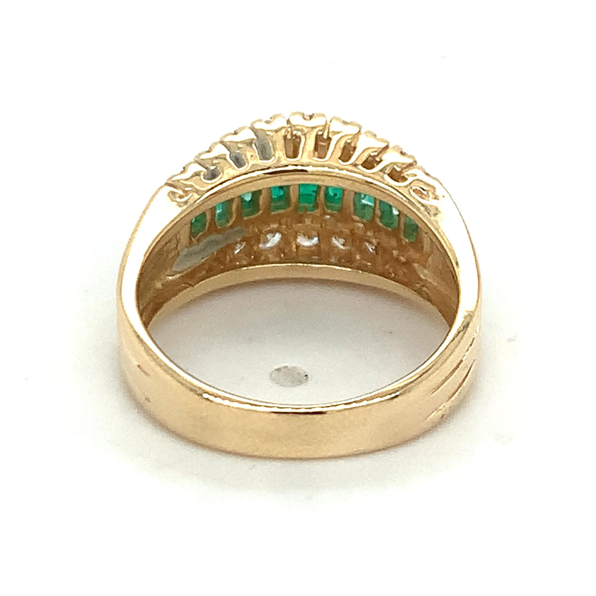 14K Gold 3 Row Prongs Set Graduated Emerald & Diamond Carved Shanks Band Ring