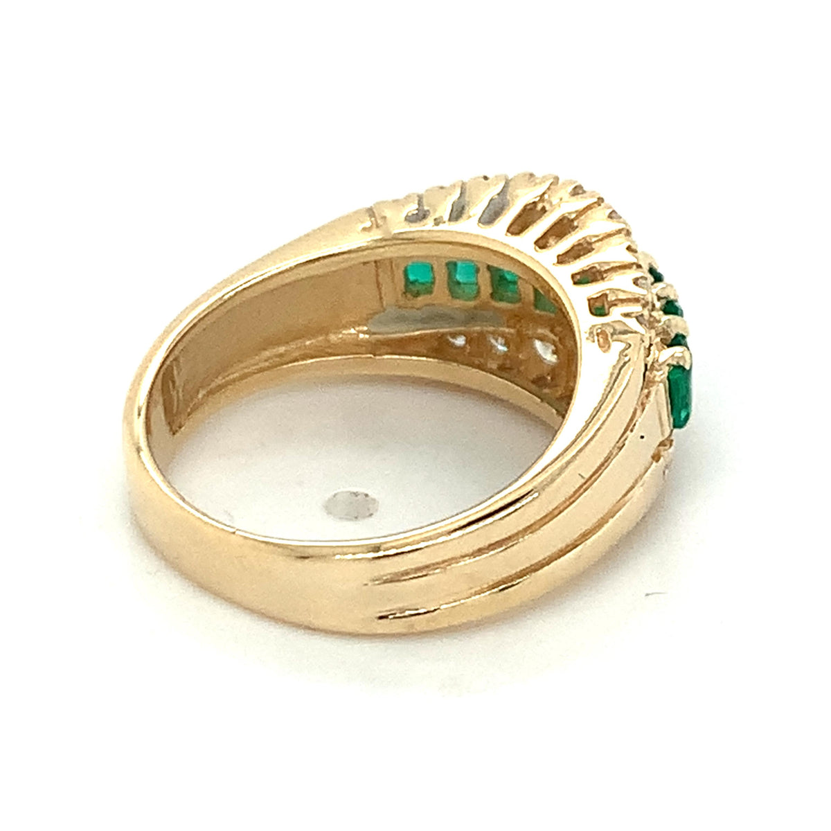 14K Gold 3 Row Prongs Set Graduated Emerald & Diamond Carved Shanks Band Ring