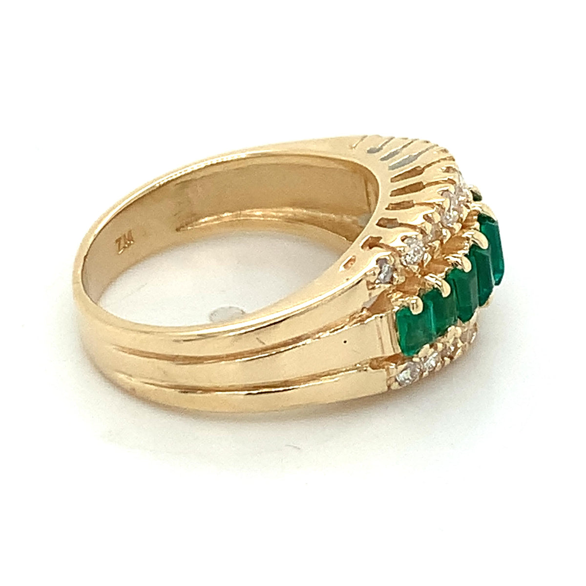 14K Gold 3 Row Prongs Set Graduated Emerald & Diamond Carved Shanks Band Ring