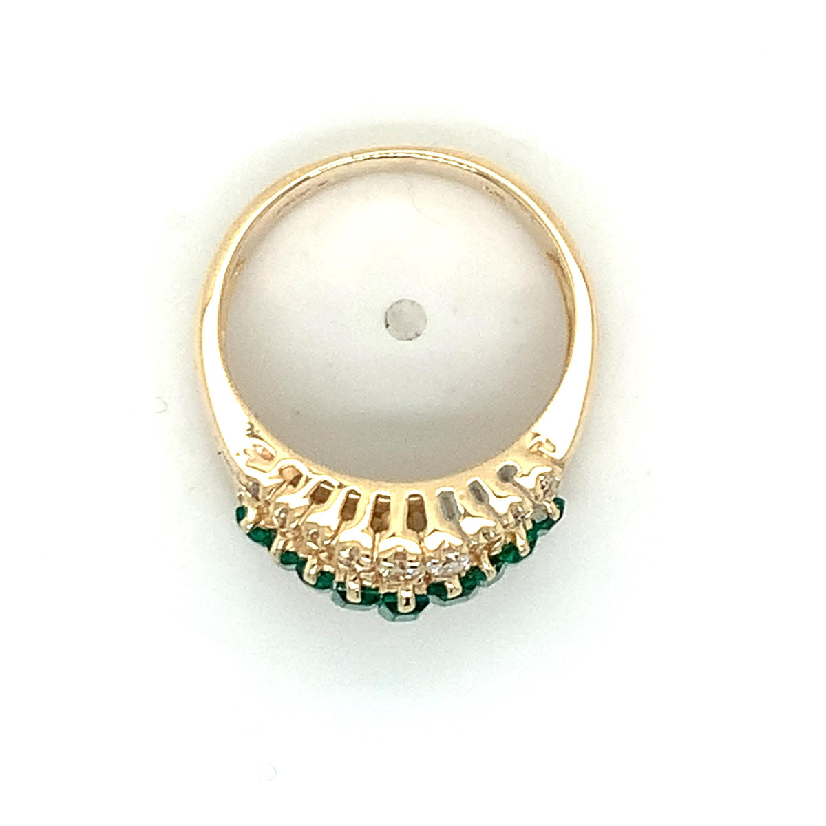 14K Gold 3 Row Prongs Set Graduated Emerald & Diamond Carved Shanks Band Ring