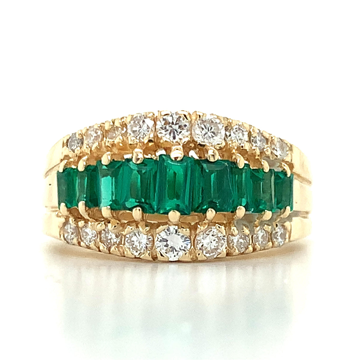 14K Gold 3 Row Prongs Set Graduated Emerald & Diamond Carved Shanks Band Ring
