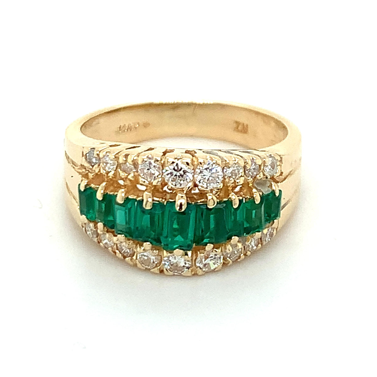14K Gold 3 Row Prongs Set Graduated Emerald & Diamond Carved Shanks Band Ring