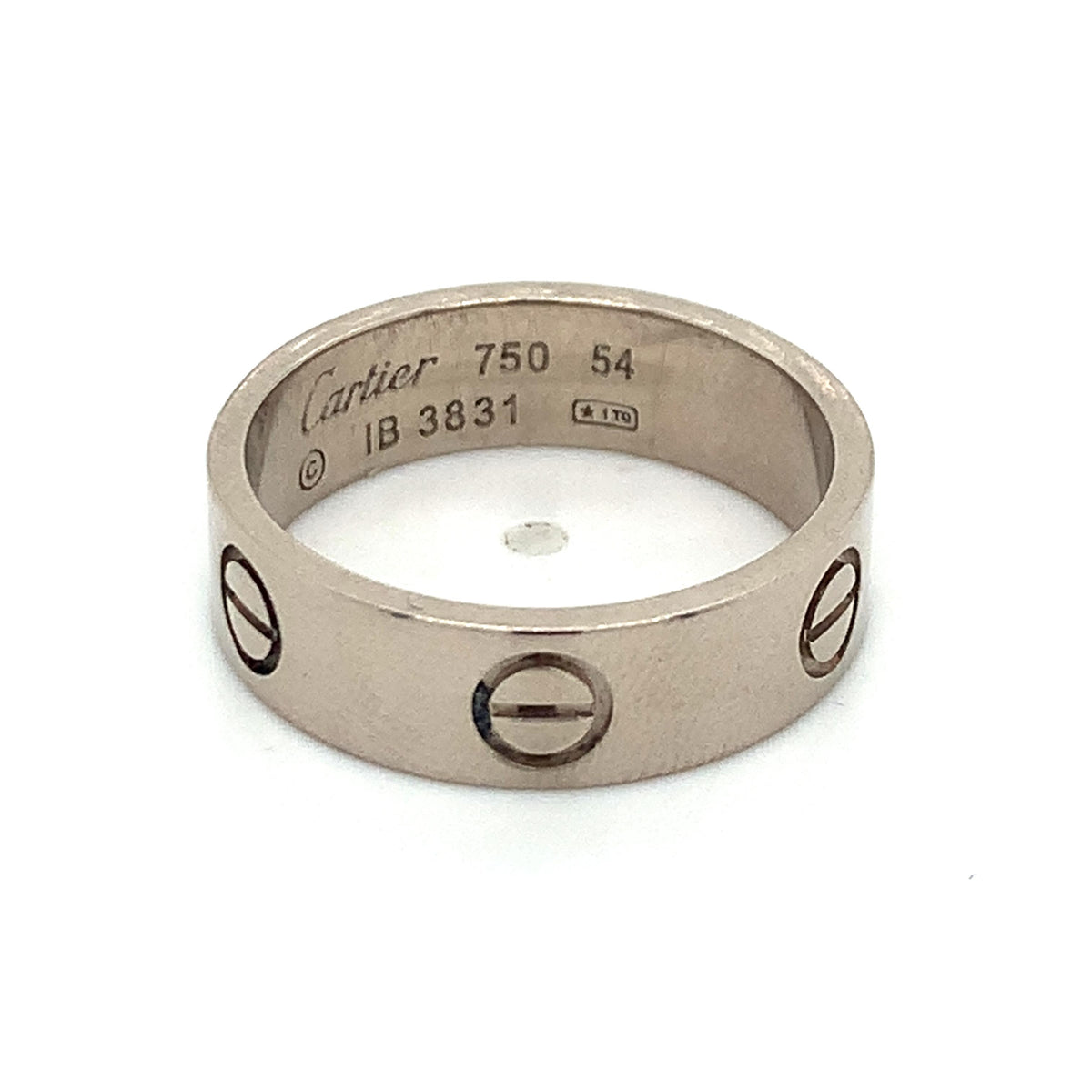 Cartier 18K White Gold 5.5mm Engraved Love Band Ring Size 54 (US 7)