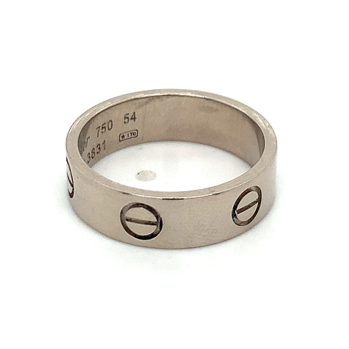 Cartier 18K White Gold 5.5mm Engraved Love Band Ring Size 54 (US 7)