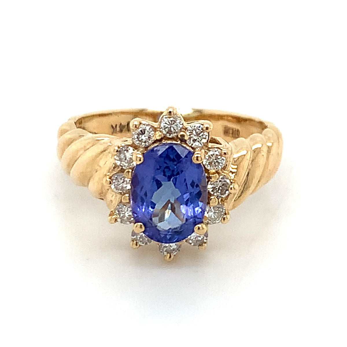 Vintage 14K Gold Oval Blue Tanzanite & Diamond Halo Twist Ribbed Shanks Ring