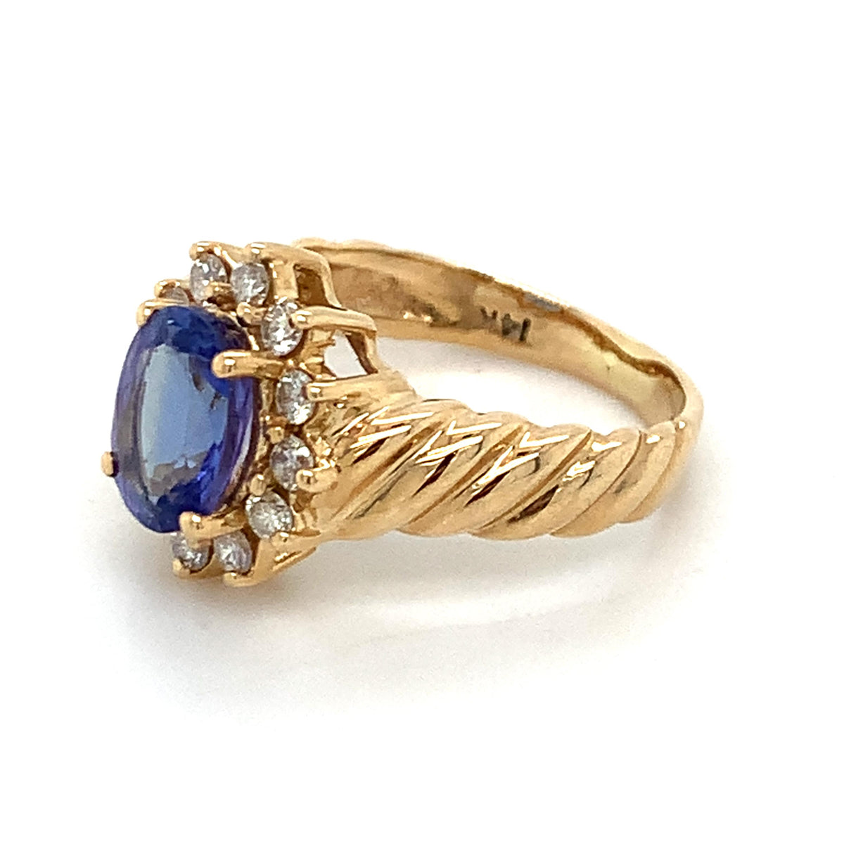 Vintage 14K Gold Oval Blue Tanzanite & Diamond Halo Twist Ribbed Shanks Ring