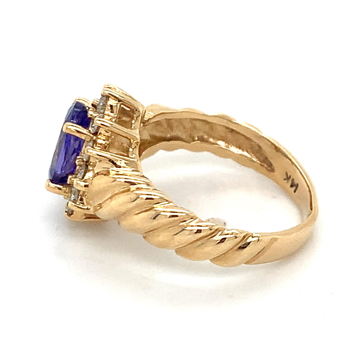 Vintage 14K Gold Oval Blue Tanzanite & Diamond Halo Twist Ribbed Shanks Ring