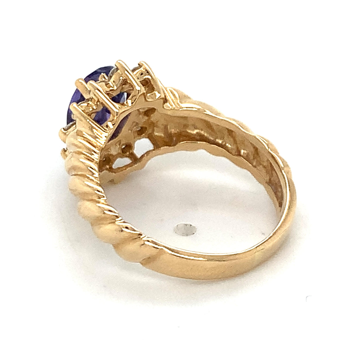 Vintage 14K Gold Oval Blue Tanzanite & Diamond Halo Twist Ribbed Shanks Ring