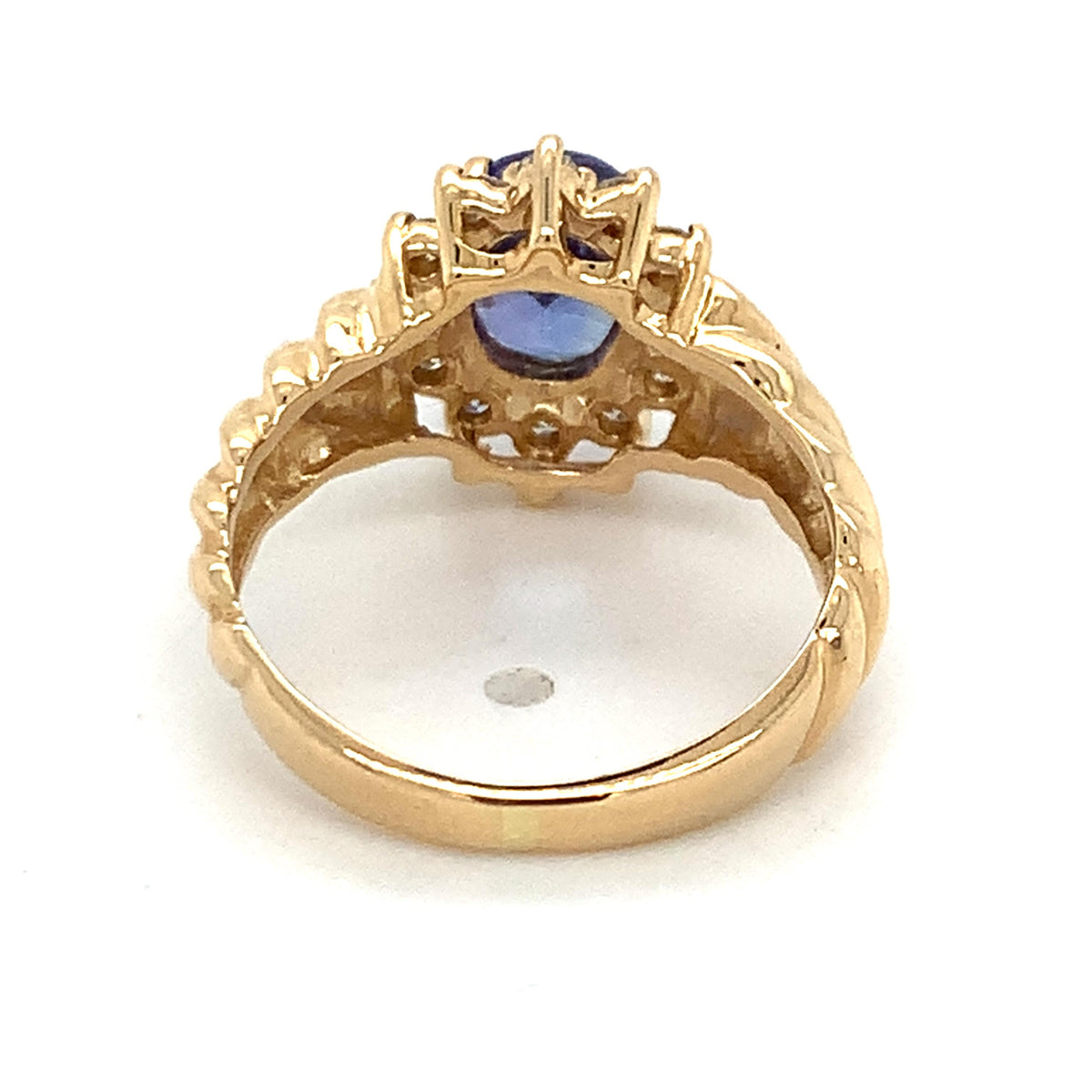 Vintage 14K Gold Oval Blue Tanzanite & Diamond Halo Twist Ribbed Shanks Ring