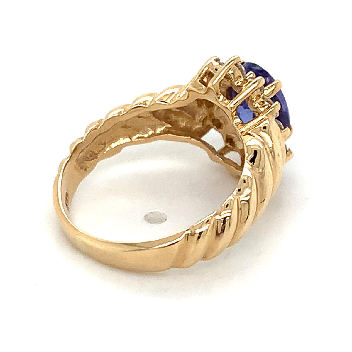 Vintage 14K Gold Oval Blue Tanzanite & Diamond Halo Twist Ribbed Shanks Ring