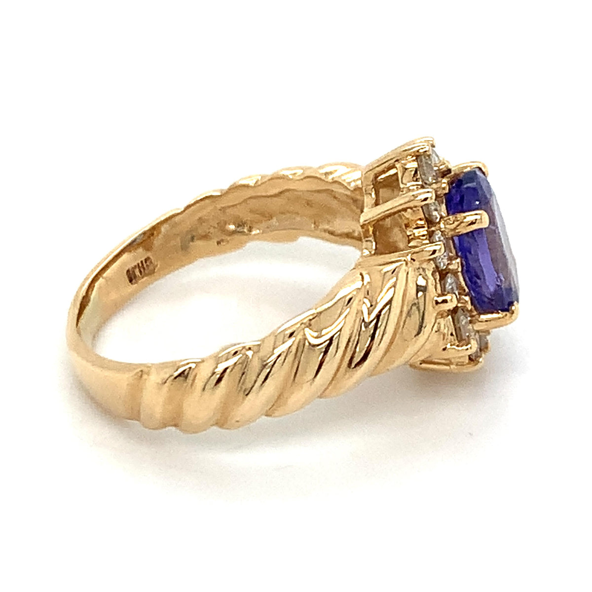 Vintage 14K Gold Oval Blue Tanzanite & Diamond Halo Twist Ribbed Shanks Ring