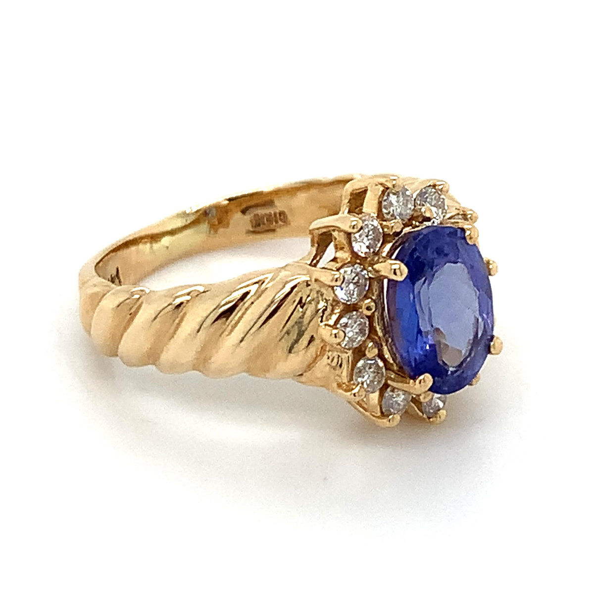 Vintage 14K Gold Oval Blue Tanzanite & Diamond Halo Twist Ribbed Shanks Ring