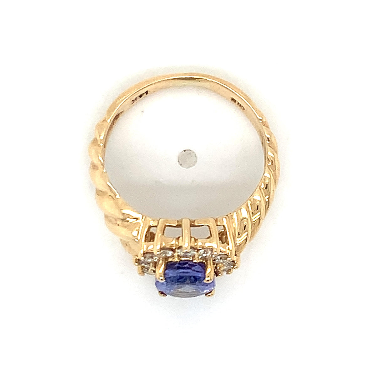 Vintage 14K Gold Oval Blue Tanzanite & Diamond Halo Twist Ribbed Shanks Ring