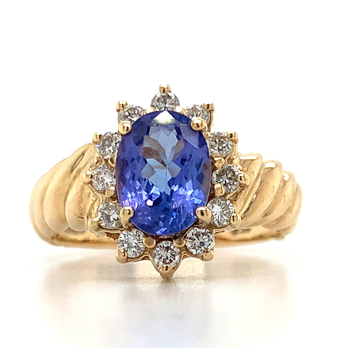 Vintage 14K Gold Oval Blue Tanzanite & Diamond Halo Twist Ribbed Shanks Ring