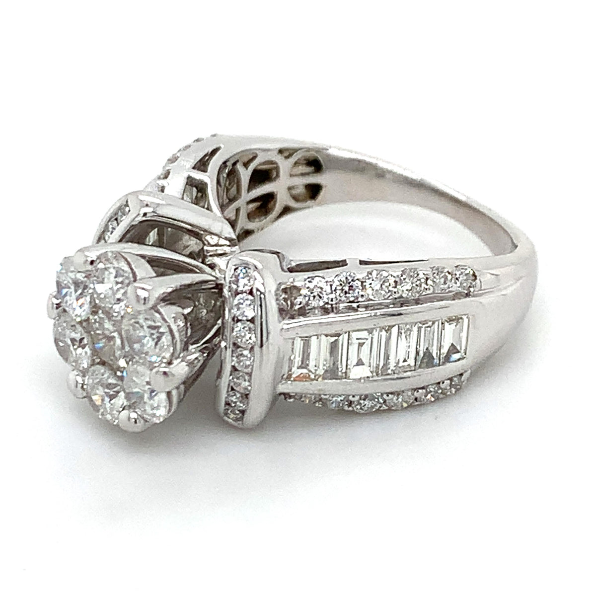 14K Gold Round Cut Cluster Baguette Round Diamond Channel Set 3CTW Cocktail Ring