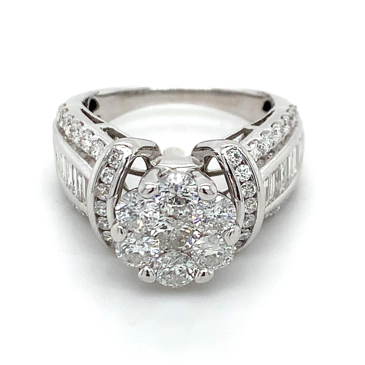 14K Gold Round Cut Cluster Baguette Round Diamond Channel Set 3CTW Cocktail Ring