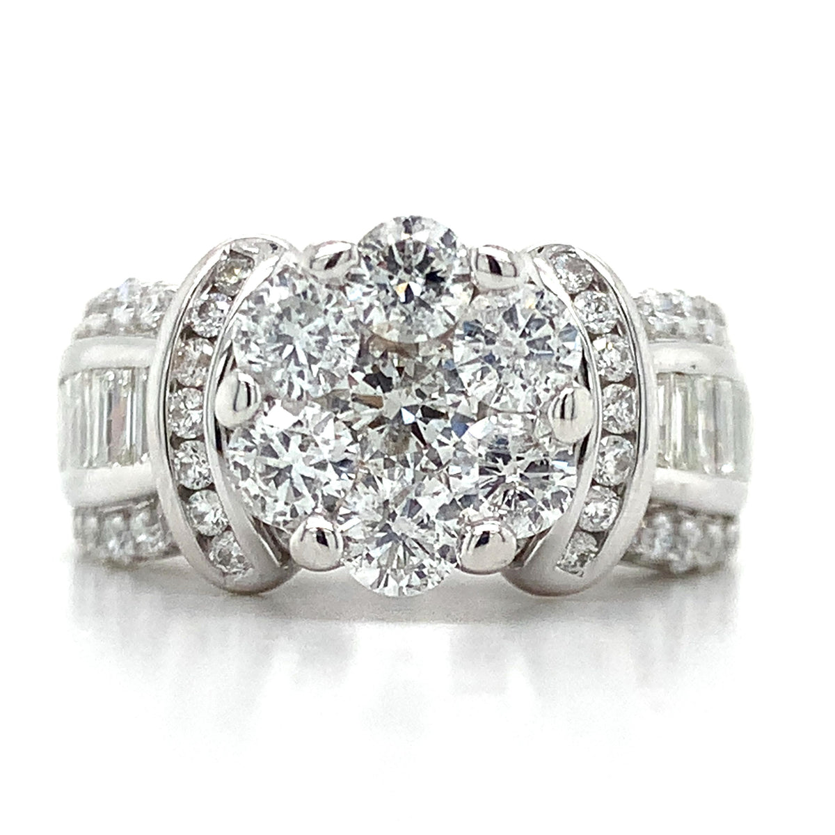 14K Gold Round Cut Cluster Baguette Round Diamond Channel Set 3CTW Cocktail Ring