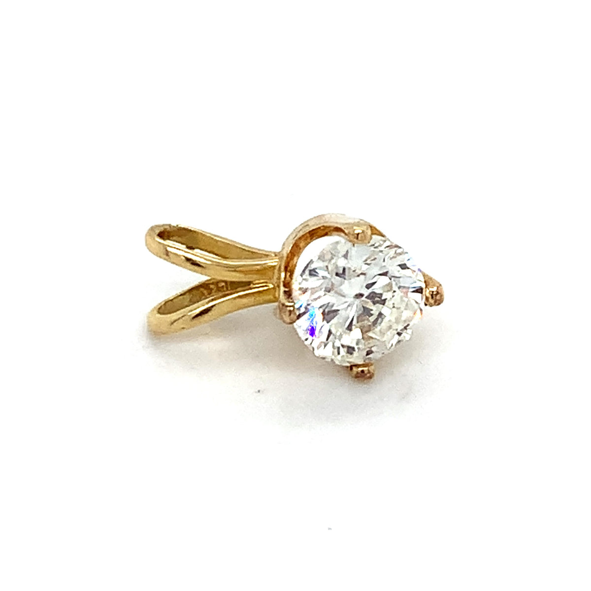 14K Yellow Gold Crown Prong Round Brilliant Cut Diamond 0.95CT Solitaire Pendant