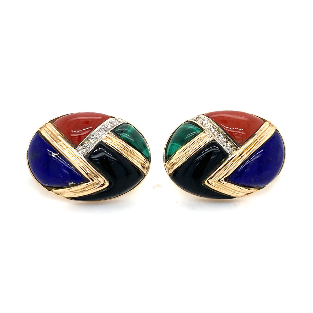 Vintage 14K Yellow Gold Multi Gems Inlay W/ Diamond Accent Button Earrings