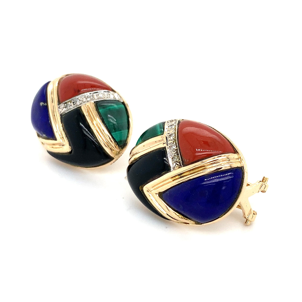 Vintage 14K Yellow Gold Multi Gems Inlay W/ Diamond Accent Button Earrings