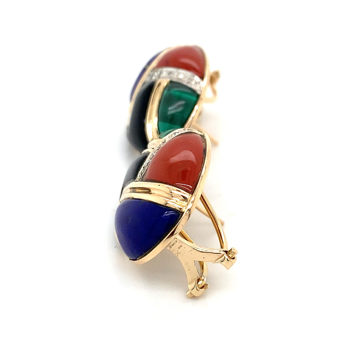 Vintage 14K Yellow Gold Multi Gems Inlay W/ Diamond Accent Button Earrings