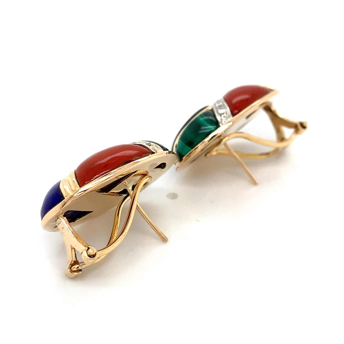 Vintage 14K Yellow Gold Multi Gems Inlay W/ Diamond Accent Button Earrings