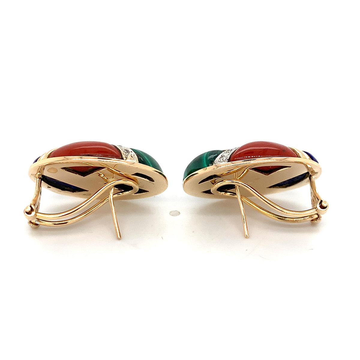 Vintage 14K Yellow Gold Multi Gems Inlay W/ Diamond Accent Button Earrings