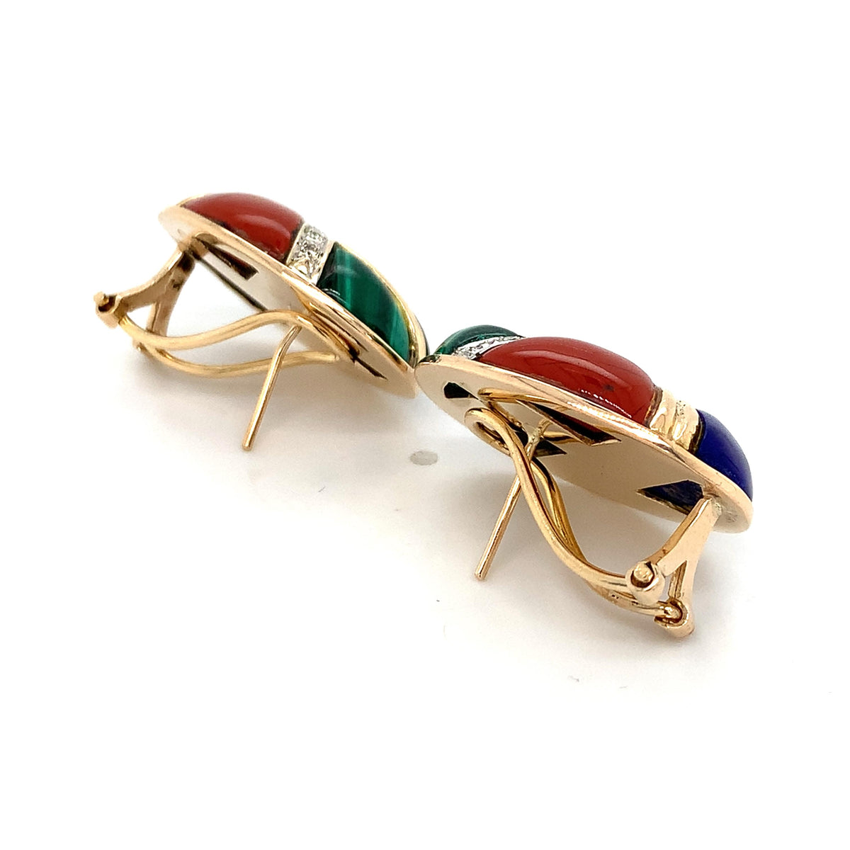 Vintage 14K Yellow Gold Multi Gems Inlay W/ Diamond Accent Button Earrings