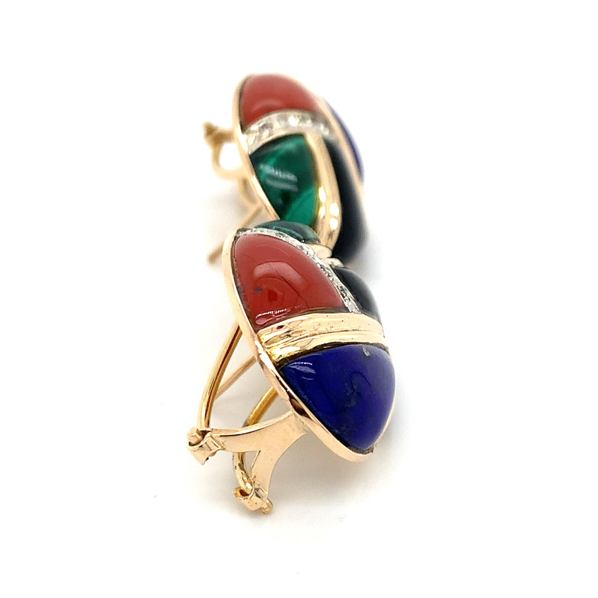 Vintage 14K Yellow Gold Multi Gems Inlay W/ Diamond Accent Button Earrings