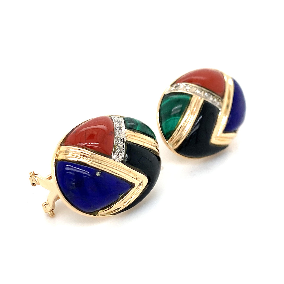 Vintage 14K Yellow Gold Multi Gems Inlay W/ Diamond Accent Button Earrings