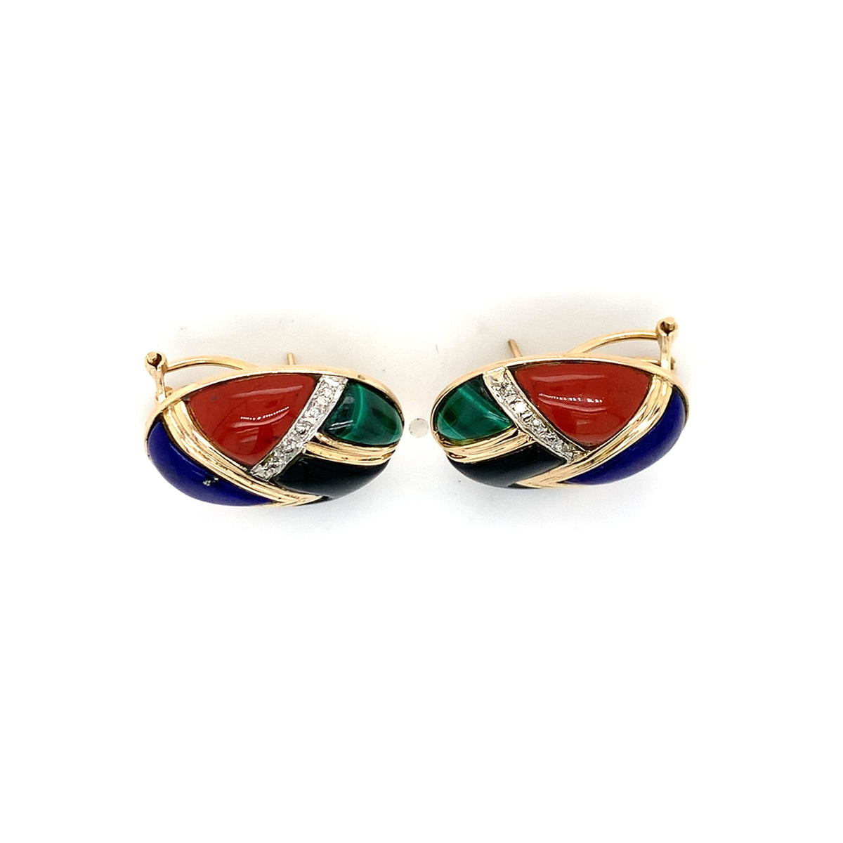 Vintage 14K Yellow Gold Multi Gems Inlay W/ Diamond Accent Button Earrings