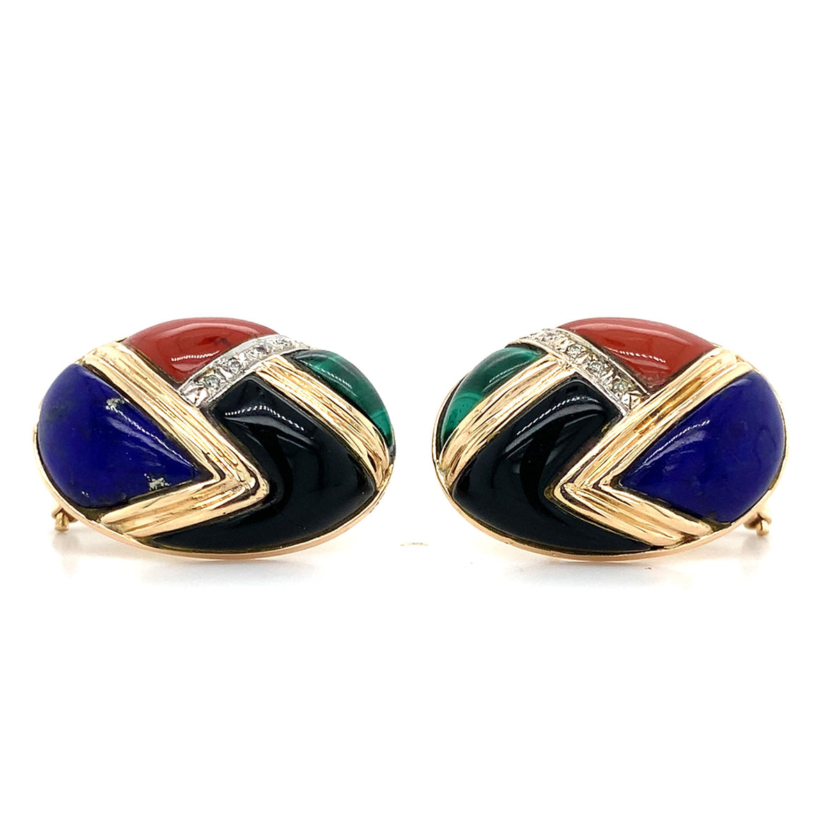 Vintage 14K Yellow Gold Multi Gems Inlay W/ Diamond Accent Button Earrings