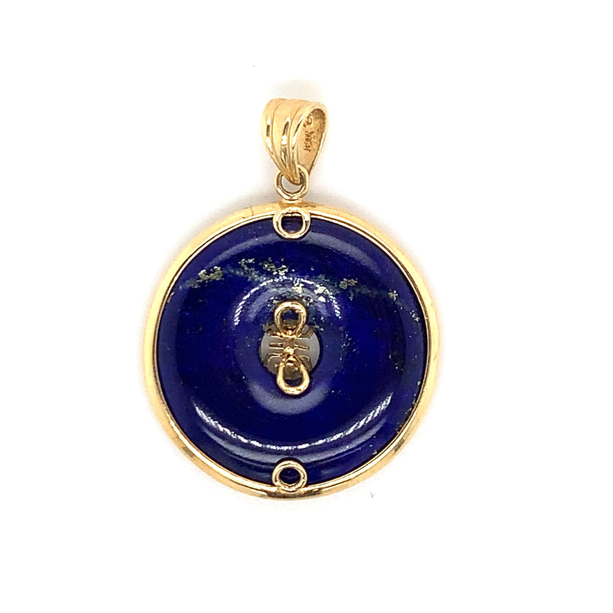Vintage 14K Gold Bezel Frame Lapis Lazuli W/Chinese Character Donut Drop Pendant