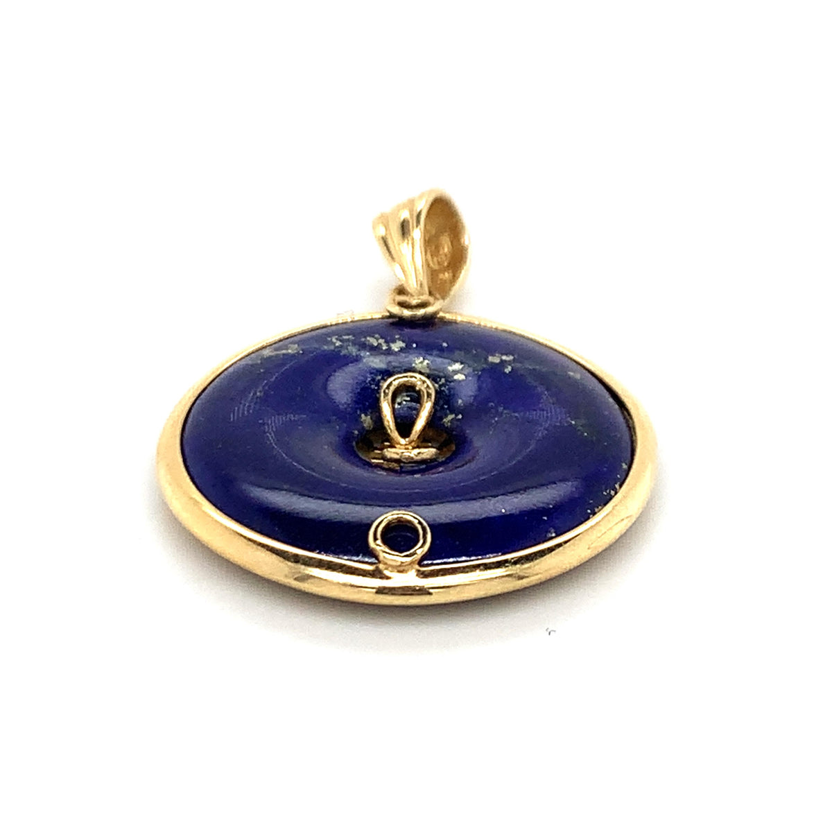 Vintage 14K Gold Bezel Frame Lapis Lazuli W/Chinese Character Donut Drop Pendant