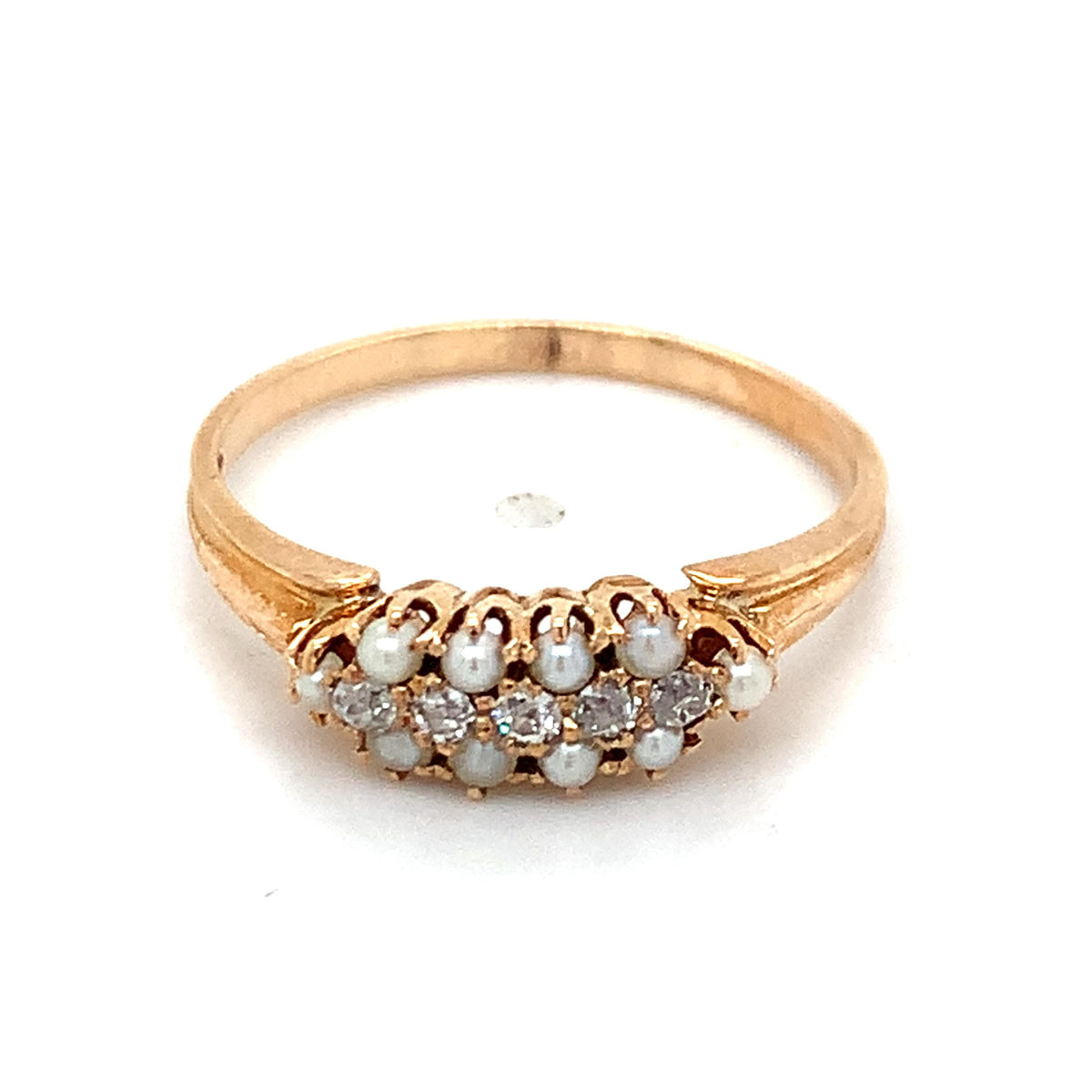 Antique 10K Gold Crown Prongs Rose Cut Diamonds & Bead Pearls Cluster Band Ring