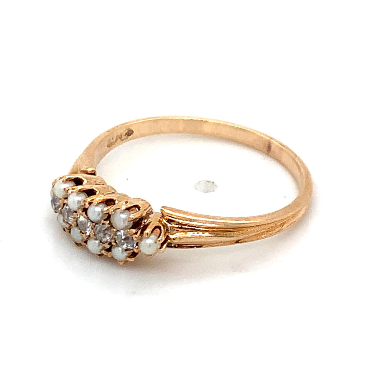 Antique 10K Gold Crown Prongs Rose Cut Diamonds & Bead Pearls Cluster Band Ring