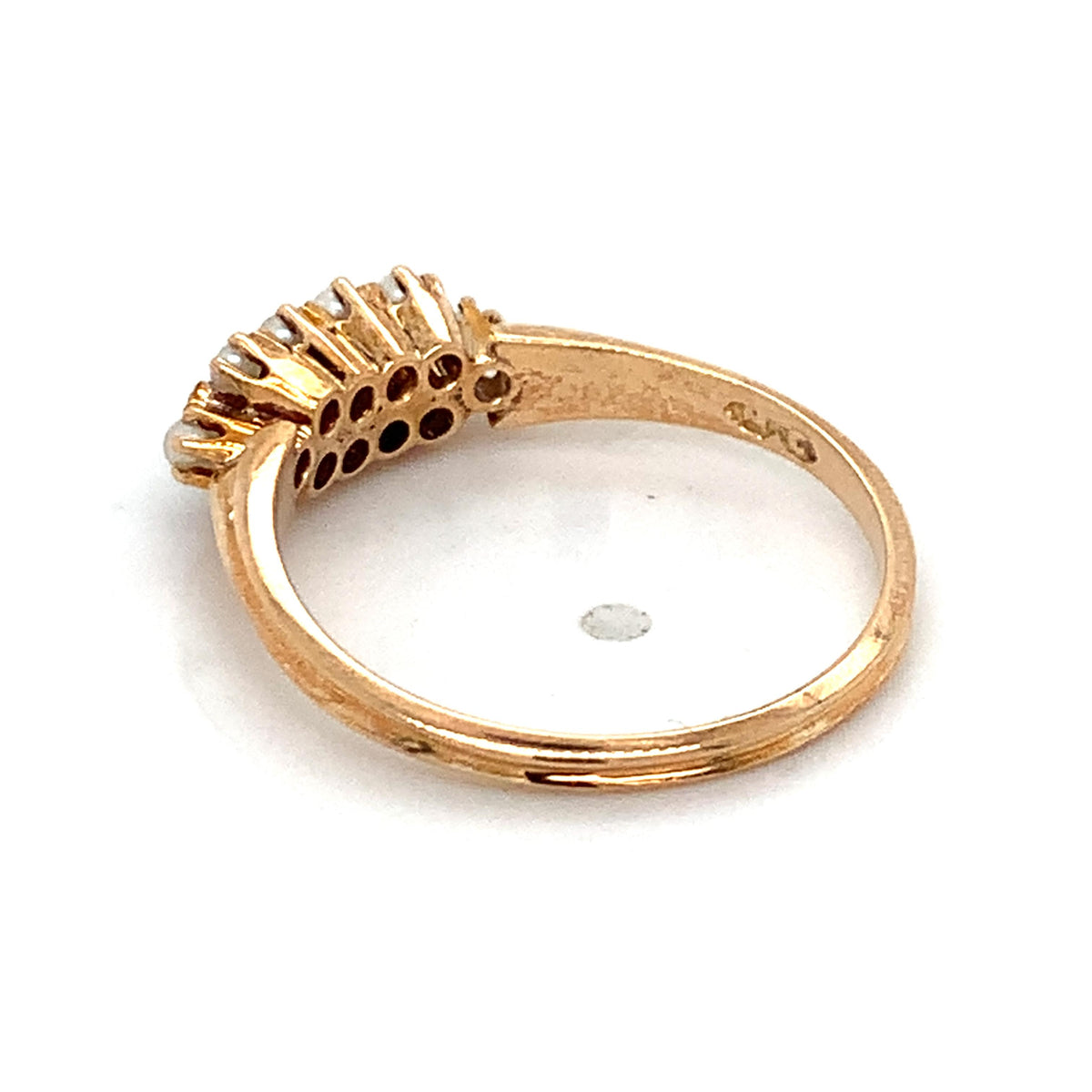 Antique 10K Gold Crown Prongs Rose Cut Diamonds & Bead Pearls Cluster Band Ring