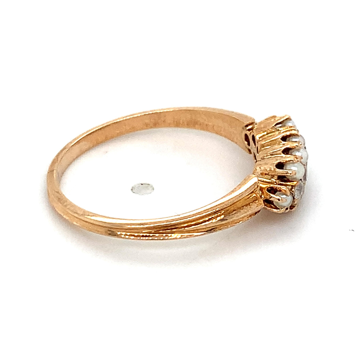 Antique 10K Gold Crown Prongs Rose Cut Diamonds & Bead Pearls Cluster Band Ring