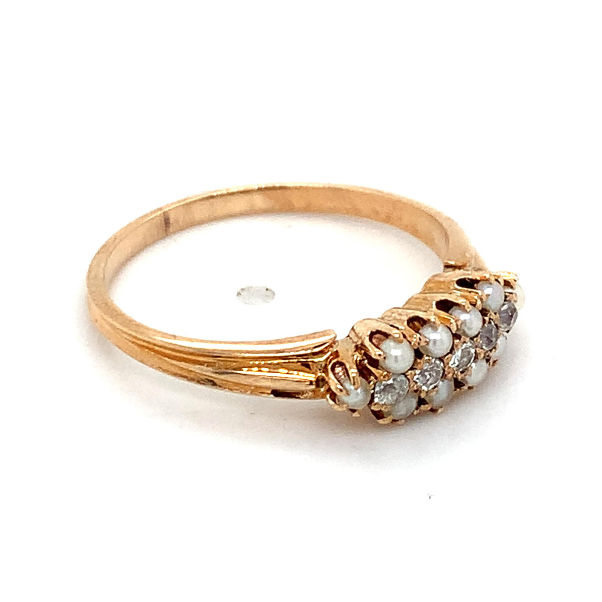Antique 10K Gold Crown Prongs Rose Cut Diamonds & Bead Pearls Cluster Band Ring