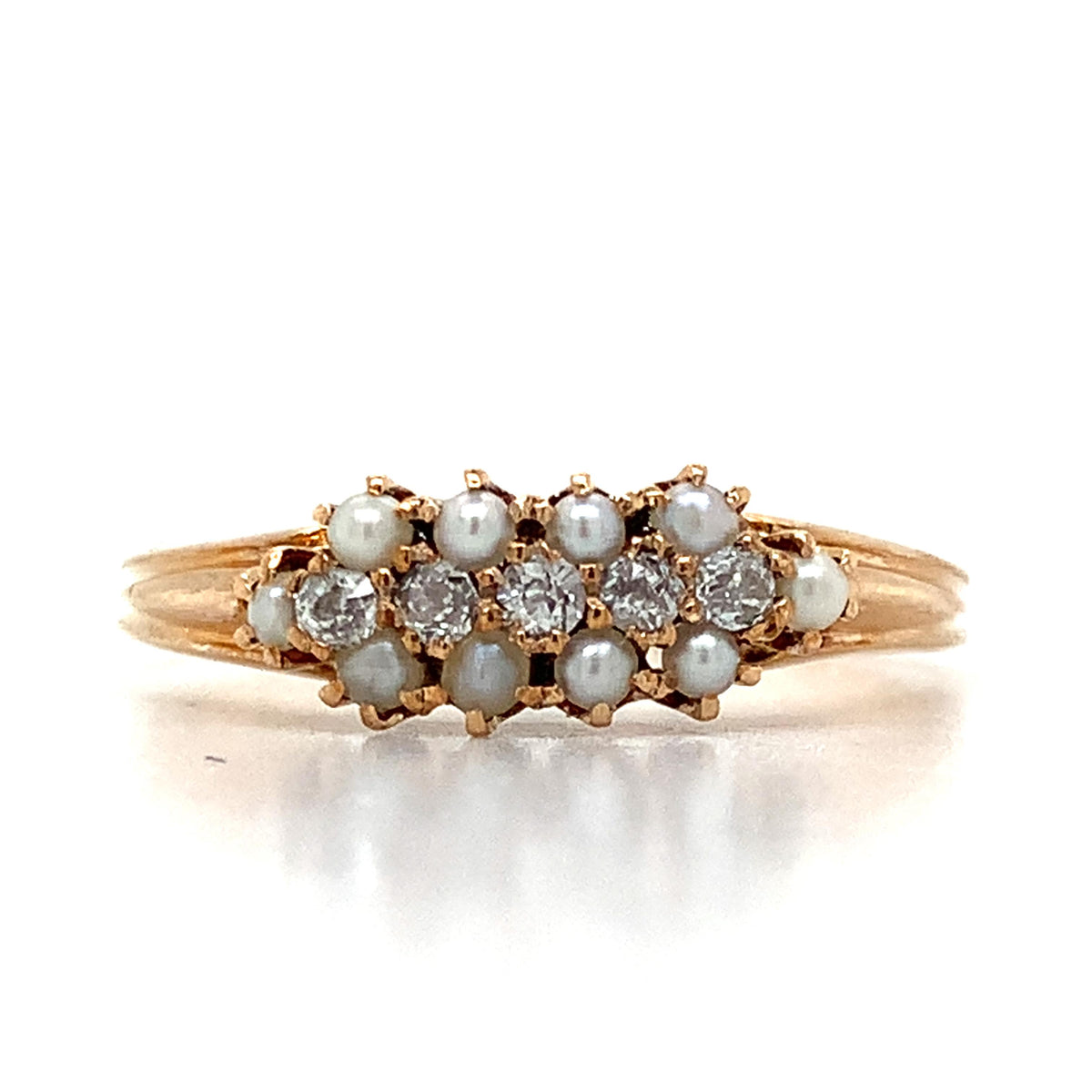 Antique 10K Gold Crown Prongs Rose Cut Diamonds & Bead Pearls Cluster Band Ring