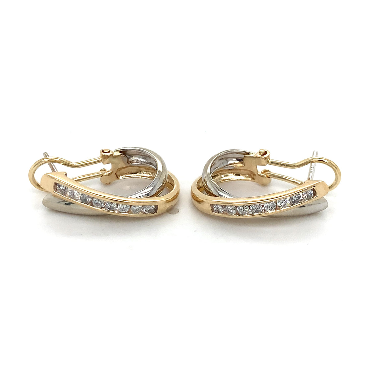 14K Yellow & White Gold Graduated Round Diamond Crossover J Hoop Huggie Earrings