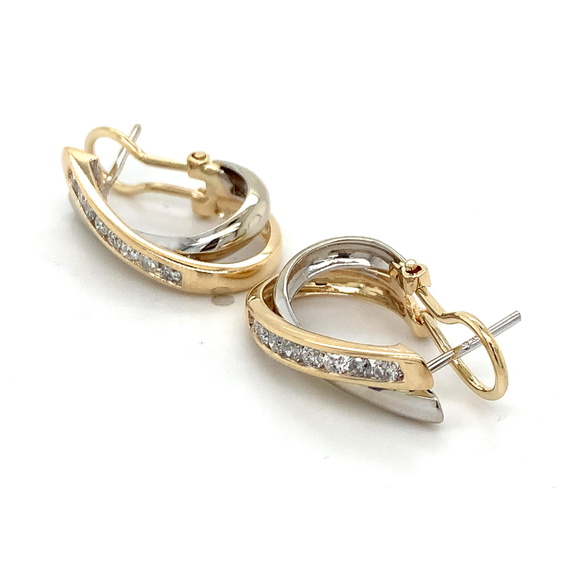 14K Yellow & White Gold Graduated Round Diamond Crossover J Hoop Huggie Earrings