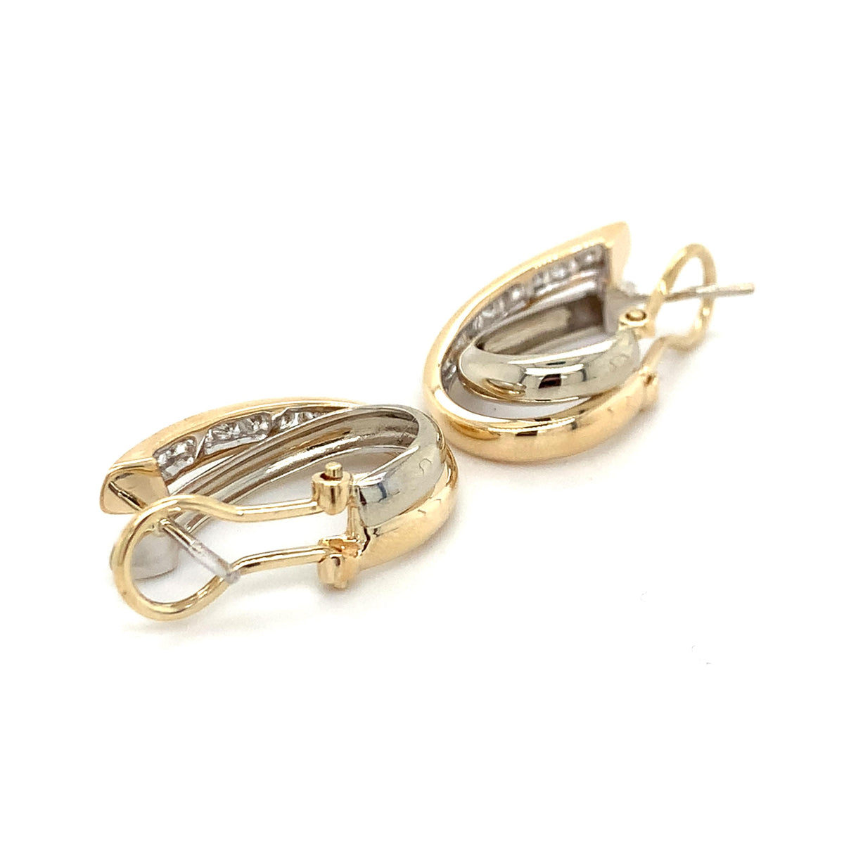 14K Yellow & White Gold Graduated Round Diamond Crossover J Hoop Huggie Earrings