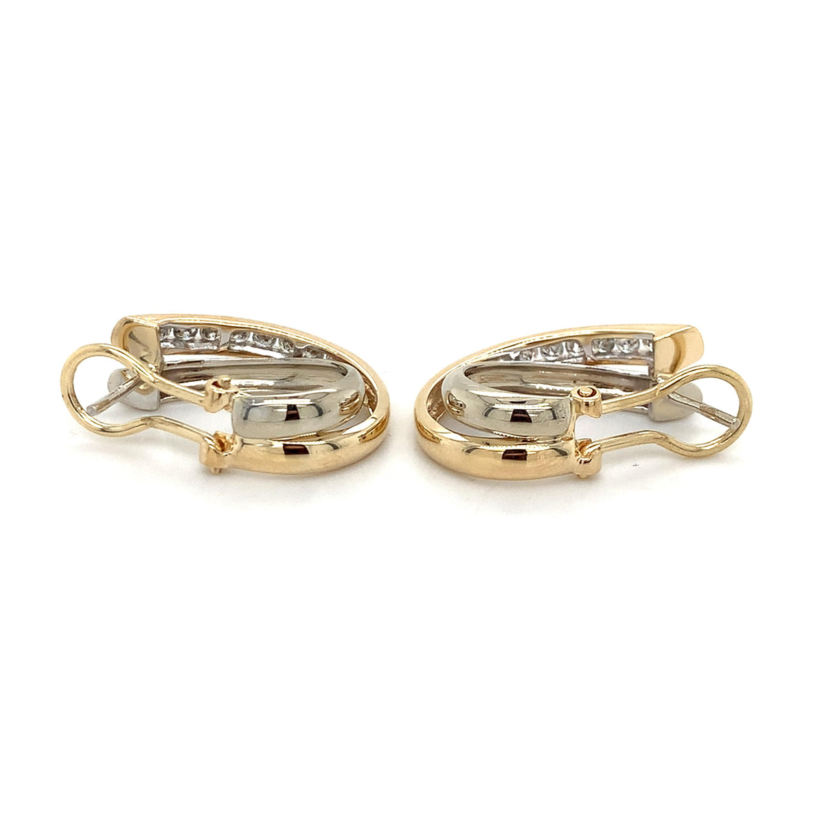 14K Yellow & White Gold Graduated Round Diamond Crossover J Hoop Huggie Earrings